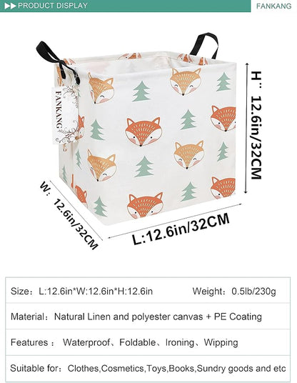 Woodland Fox Square Canvas Storage Basket - Foldable Waterproof Fox and Pine Tree Nursery Bin for Woodland Nursery and Woodland Gift Hampers