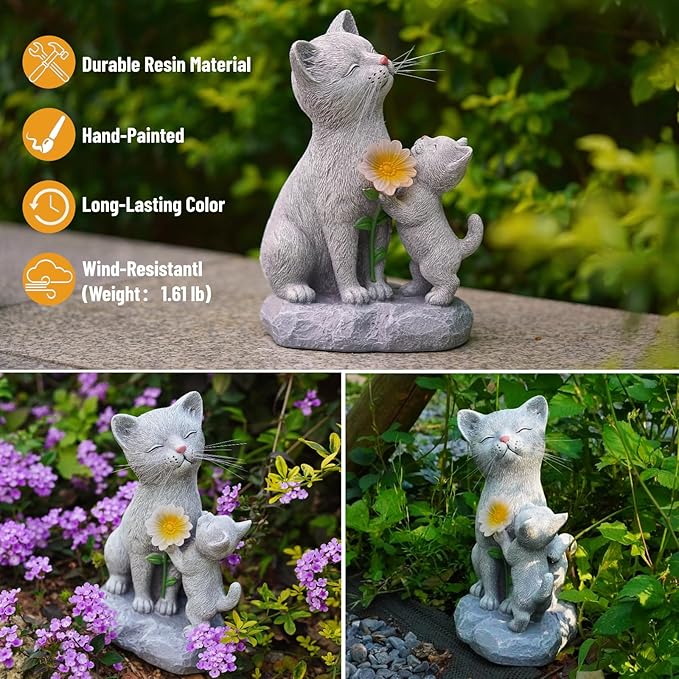 Mother and Kitten Solar Cat Garden Statue - Resin Cat Figurine with Flower LED Light for Garden, Pathway, Patio, Balcony, and Home