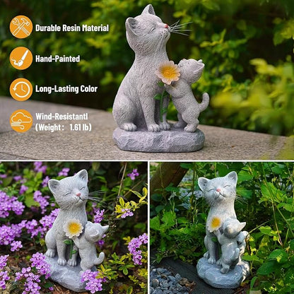 Mother and Kitten Solar Cat Garden Statue - Resin Cat Figurine with Flower LED Light for Garden, Pathway, Patio, Balcony, and Home