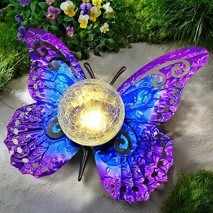 Solar Butterfly Garden Stake Light with Crackle Glass Globe - Metal Outdoor Decor