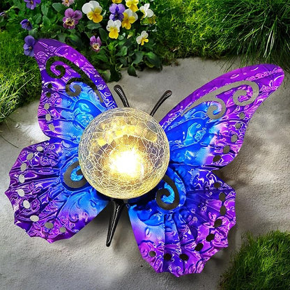 Solar Butterfly Garden Stake Light with Crackle Glass Globe - Metal Outdoor Decor