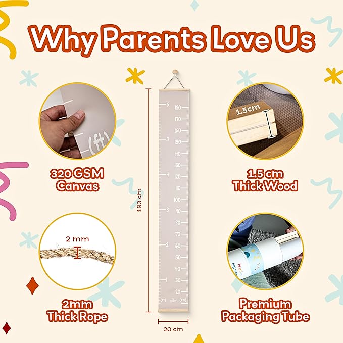 Kids height chart with 320GSM canvas and 2mm thick rope for hanging