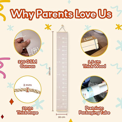 Kids height chart with 320GSM canvas and 2mm thick rope for hanging