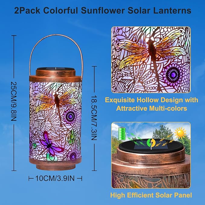 Solar cylinder lantern with dragonfly cutout, multicolor glow, copper lid and handle
