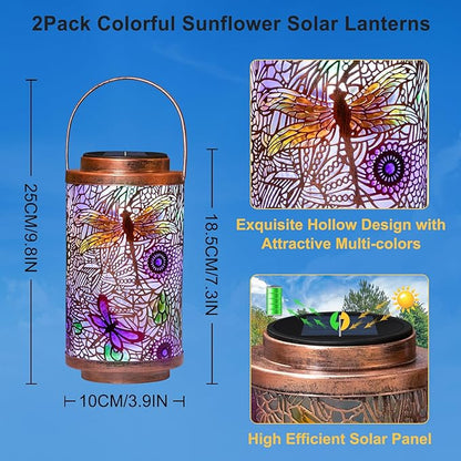 Solar cylinder lantern with dragonfly cutout, multicolor glow, copper lid and handle
