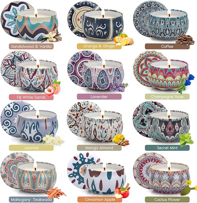 Assorted 12-pack scented candles with different patterned ceramic jar holders and lit wicks