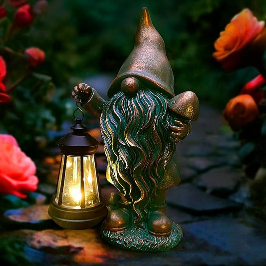 Solar lantern garden gnome statue holding glowing lantern, teal beard, bronze body