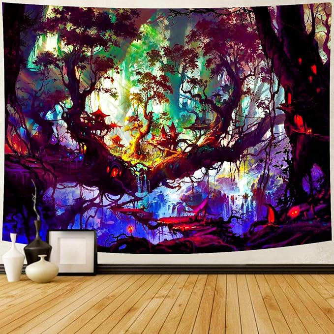 Mystical Landscape Forest Tapestry (Small) – Magical Enchanted Tree Wall Hanging | Psychedelic Nature Decor | 51.2" x 59.1"