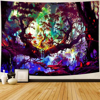 Mystical Landscape Forest Tapestry (Small) – Magical Enchanted Tree Wall Hanging | Psychedelic Nature Decor | 51.2" x 59.1"