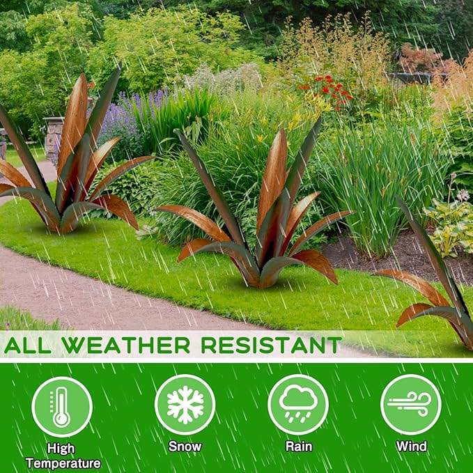 Metal Agave Garden Sculpture - 9-Leaf Rustic Botanical Outdoor Decor
