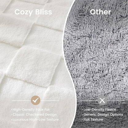 Ivory Checkered Faux Fur California King Blanket – 90"x108" | 450GSM 3D Jacquard Check Pattern | OEKO-TEX Certified Classic Throw for Cal King Beds