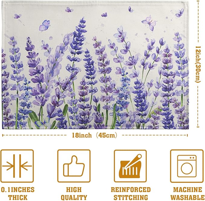 Ivory placemat featuring purple lavender sprigs, with green leaf and butterfly accents.