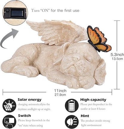 Sleeping Puppy Angel Memorial Statue with Solar Light - Resin Dog Memorial Sculpture with Butterfly for Garden, Lawn, Patio, and Indoor Remembrance