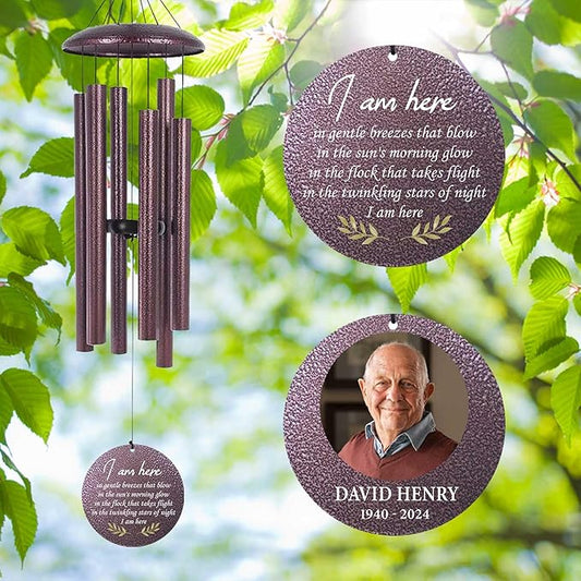 Purple metal wind chime with hanging circular photo medallion and engraved message disc