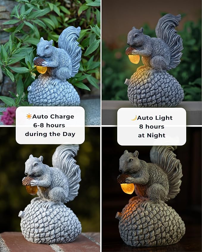Solar Squirrel Garden Statue with Glowing LED Acorn - Hand-Painted Resin Decor