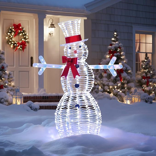 Lighted iridescent snowman decoration with blue LED glow, red scarf, bow hat, 3D wire body