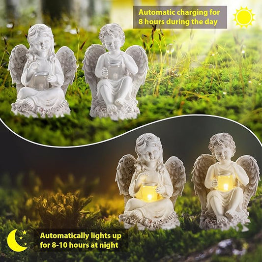 Set of 2 Angel Garden Statues with Solar Lights - Resin Cherub Memorial Decor