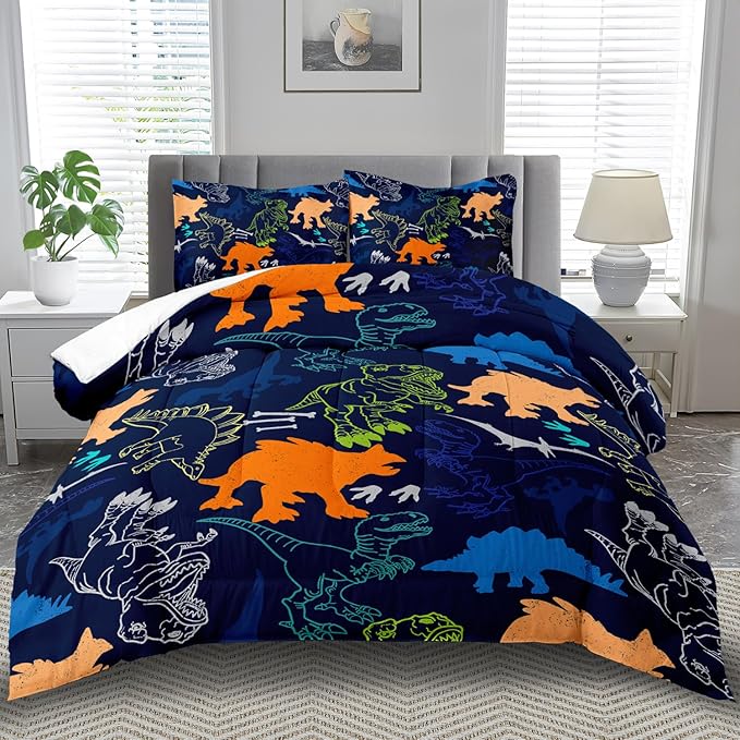Blue dinosaur comforter and pillow shams set with playful multicolor dinosaur silhouettes.