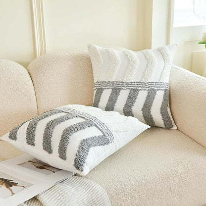 White and gray striped tufted pillow cover set for couch with arched pattern