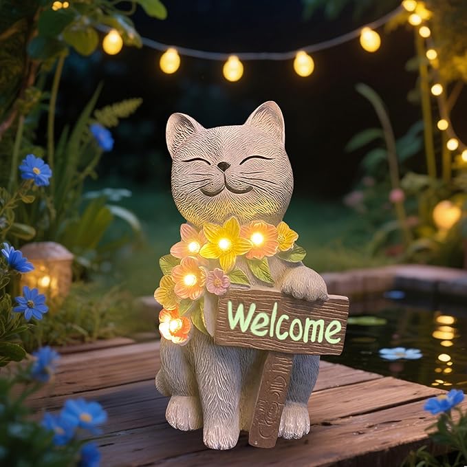 Cat Solar Garden Statue with Welcome Sign and LED Flowers - Weatherproof Resin Decor