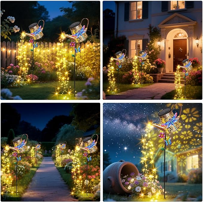 Four solar watering can stake lights with dragonfly accents, glowing warm yellow across path