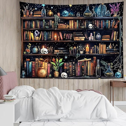 Magic Bookshelf Tapestry (Extra Large) – 70.9"x92.5" Vintage Witchy Books Gothic Wall Hanging | Dark Academia Starry Sky Decor for Bedroom & Living Room