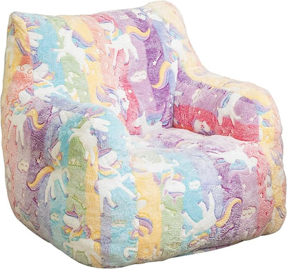 Rainbow Unicorn Bean Bag Armchair - Pastel Cloud Print Memory Foam Chair with Washable Cover for Kids Room, Reading, and Magical Family Moments