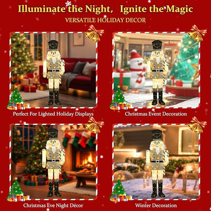 Lighted nutcracker holiday decoration shown in multiple lit panels, gold coat and black hat
