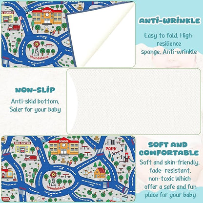 Blue city traffic playmat rug shown folded with textured non-slip backing panels