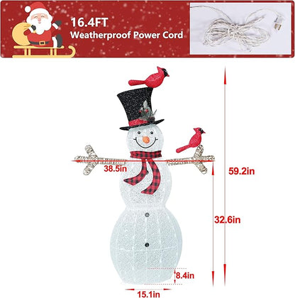 Glittered white snowman with red birds and striped scarf, arms outstretched