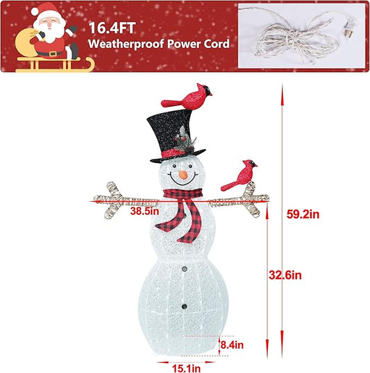 Glittered white snowman with red birds and striped scarf, arms outstretched