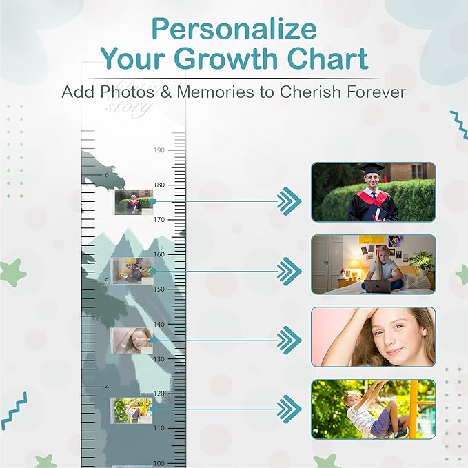 Personalized growth chart with photo card windows and measurement ruler markings.