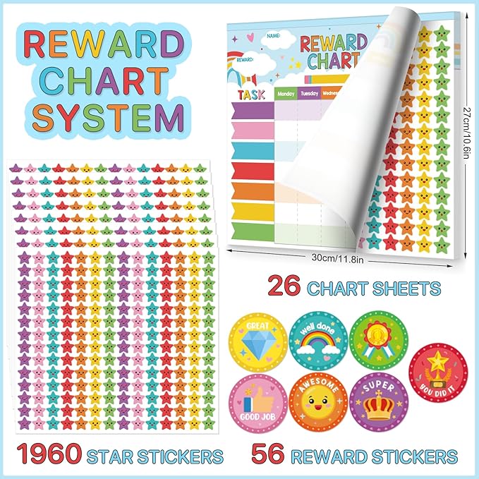 Reward chart system with 26 chart sheets, rainbow layout, and star & reward sticker circles