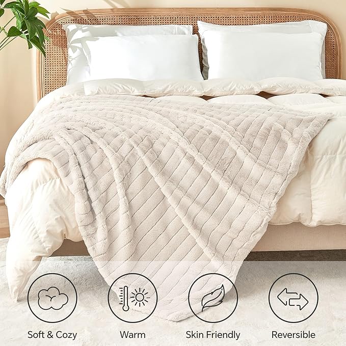 Beige Faux Rabbit Fur Throw Blanket – 60"x80" | 450GSM Wide Ribbed Shearling | Minimalist Luxury Plush Throw for Couch & Bed