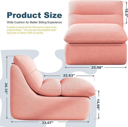 Coral Pink Corduroy Ergonomic Floor Lounge Chair - Structured Memory Foam Seat with Lumbar Support for Pink Nursery, Reading Corner, and Warm Joyful Interiors
