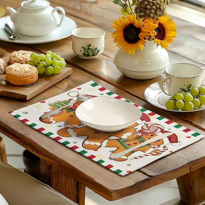 Christmas gingerbread placemat on a table with red-and-green plaid and candy-striped trim