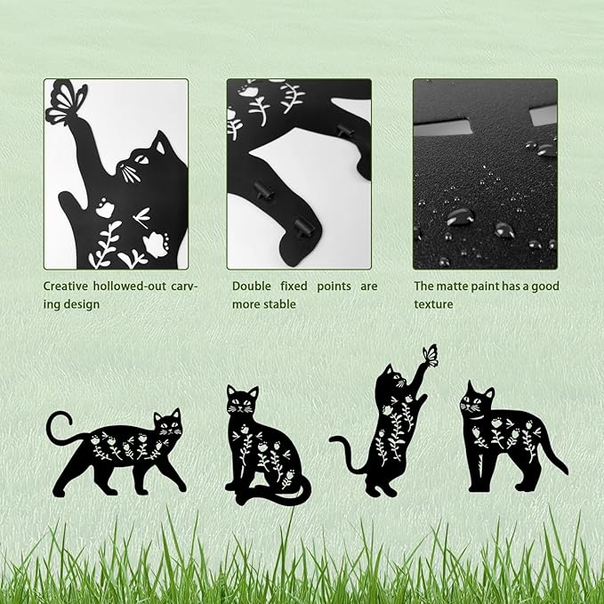Black Cat Metal Garden Stakes Set of 4 - Weather-Resistant Silhouette Yard Decor for Lawns, Patios, Flower Beds, and Cat Lovers