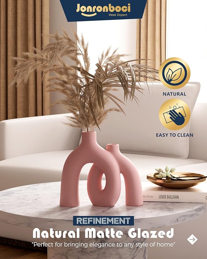 Light pink matte ceramic hug vase with conjoined donut shape, decorative vase