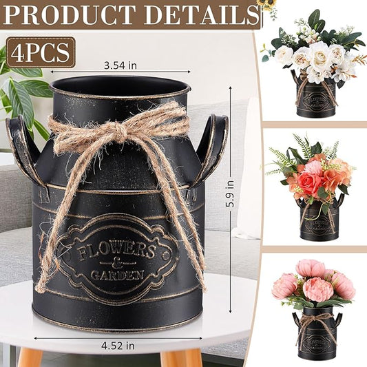 Black galvanized metal milk can vase with rope-wrapped side handles and emblem