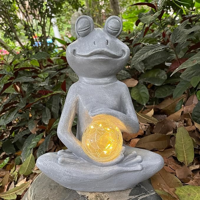 Solar Yoga Frog Garden Statue - Meditating Zen Frog Outdoor Decor with LED Light