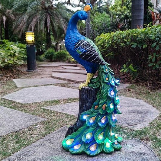 Peacock Solar Garden Statue with Succulent LED Lights - Outdoor Resin Decor