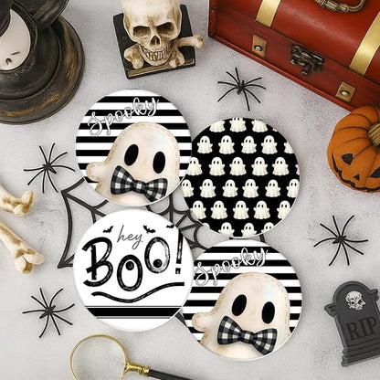Halloween ceramic coaster set in metal holder: ghost, “hey Boo!”, and white ghost pattern