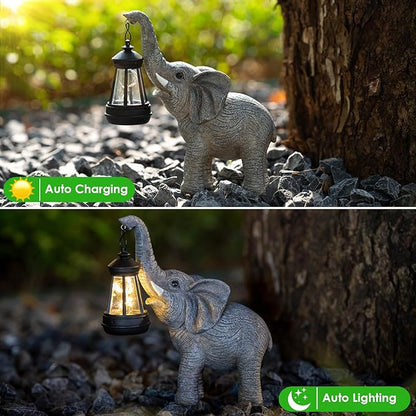 Solar Elephant Garden Statue with Lantern - IP65 Good Luck Resin Outdoor Decor