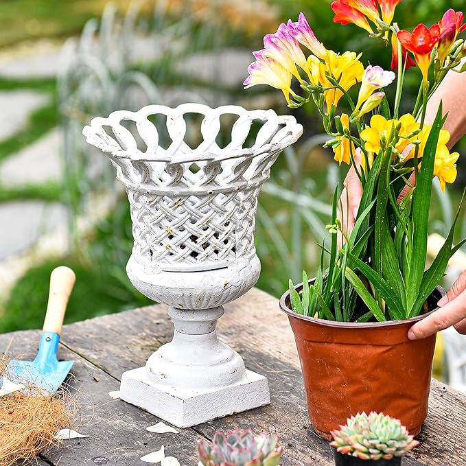 Antique white openwork cast-iron urn planter with pedestal base, holding blooming flowers