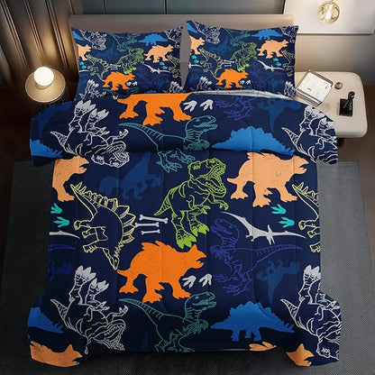 Blue dinosaur comforter bedding set with two square pillow shams, bright dino motifs.