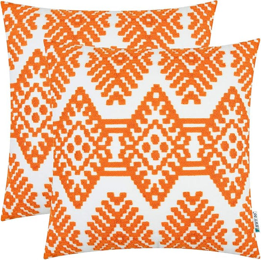 Orange embroidered throw pillow cover with white diamond geometric pattern