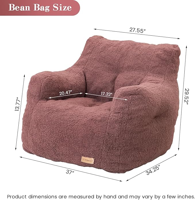 Mauve Teddy Faux Fur Bean Bag Armchair - Soft Memory Foam Reading Chair for Kids Room, Teen Bedroom, Reading Corner, and Toddler Story Time
