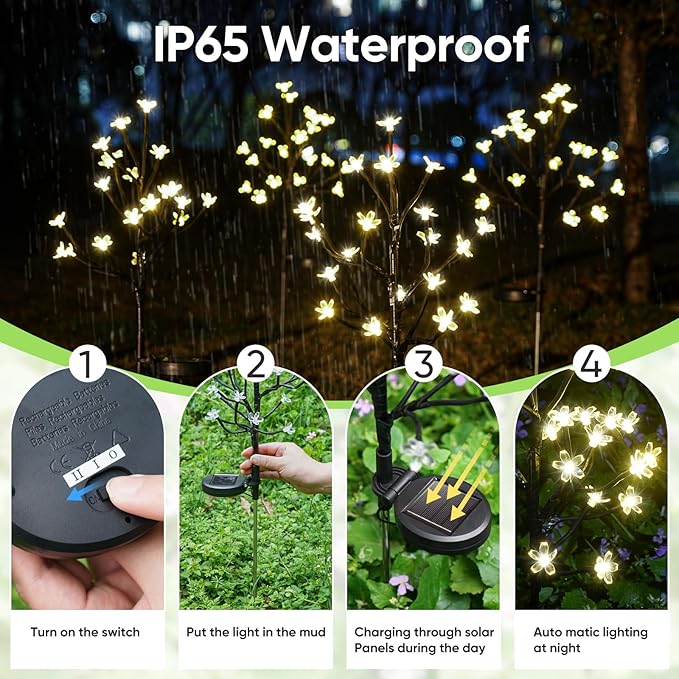 Glowing solar flower lights on tall stakes with waterproof solar panel base