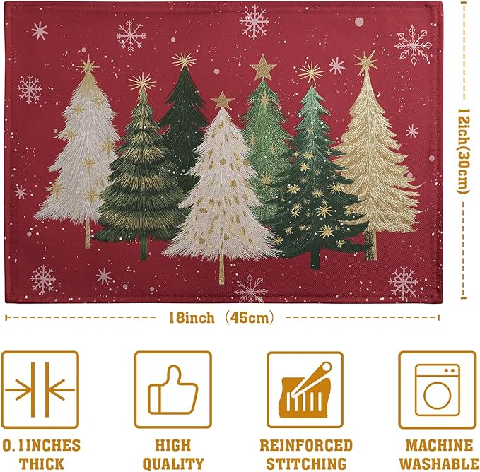 Red Christmas tree placemat, 18 in x 12 in, with fir trees and snowflakes