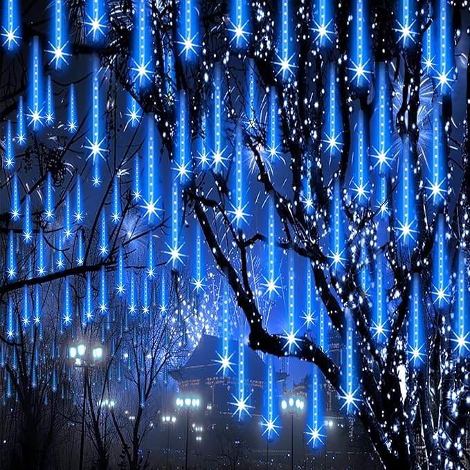 Blue LED meteor shower string lights with icicle drops for outdoor trees